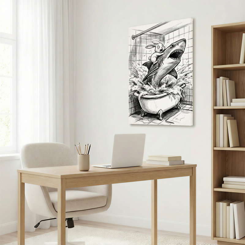 Shark And Rabbit In Bathtub Canvas Wrapped Wall Art Oil Painting Print Set Of 1, 18" H x 12" W