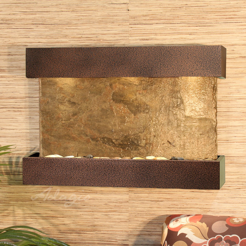 Indoor Metal Stainless Steel Waterfall Fountain with Lights, Green Slate, Copper Vein, Slate