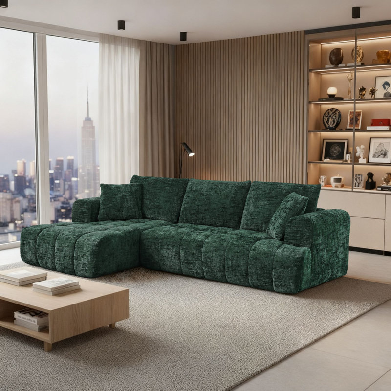 Classic Boneless L-shaped Chenille Fabric Upholstered 3-Seater Sectional Sofa with Two Pillows, Dark Green Chenille