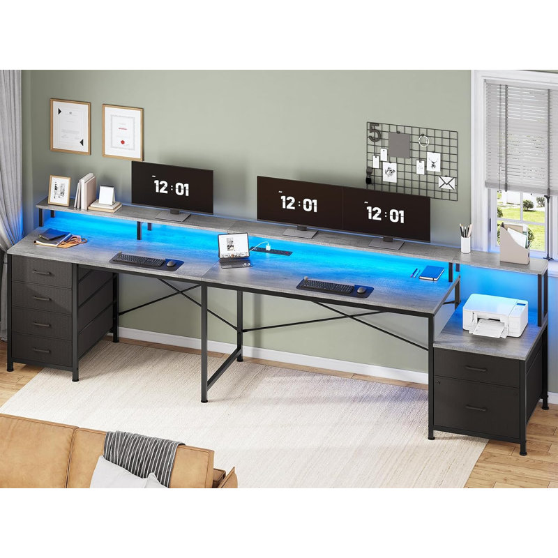 Rockville 108.2'' W L-Shaped Computer Desk with Drawers and Power Outlets, Grey/Black