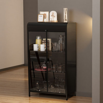 Armoire de rangement en métal de 47,6 po de hauteur avec portes en verre et plateau rabattable, vitrine à 4 niveaux avec tablettes ouvertes, buffet autoportant en acier pour la cuisine, le salon, le bureau personnel, la salle à manger et la salle de ba