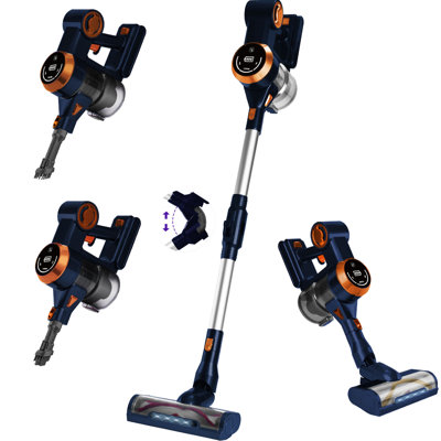 Aspirateur sans fil, aspirateur-balai sans fil à haute vitesse de 25kpa à aspiration rapide sans brosse de 280 W, batterie détachable jusqu'à 50 minutes d'autonomie pour tapis de plancher de bois franc, orange et bleu