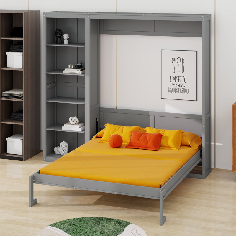Lit escamotable mural Murphy avec tablettes de rangement, Gris