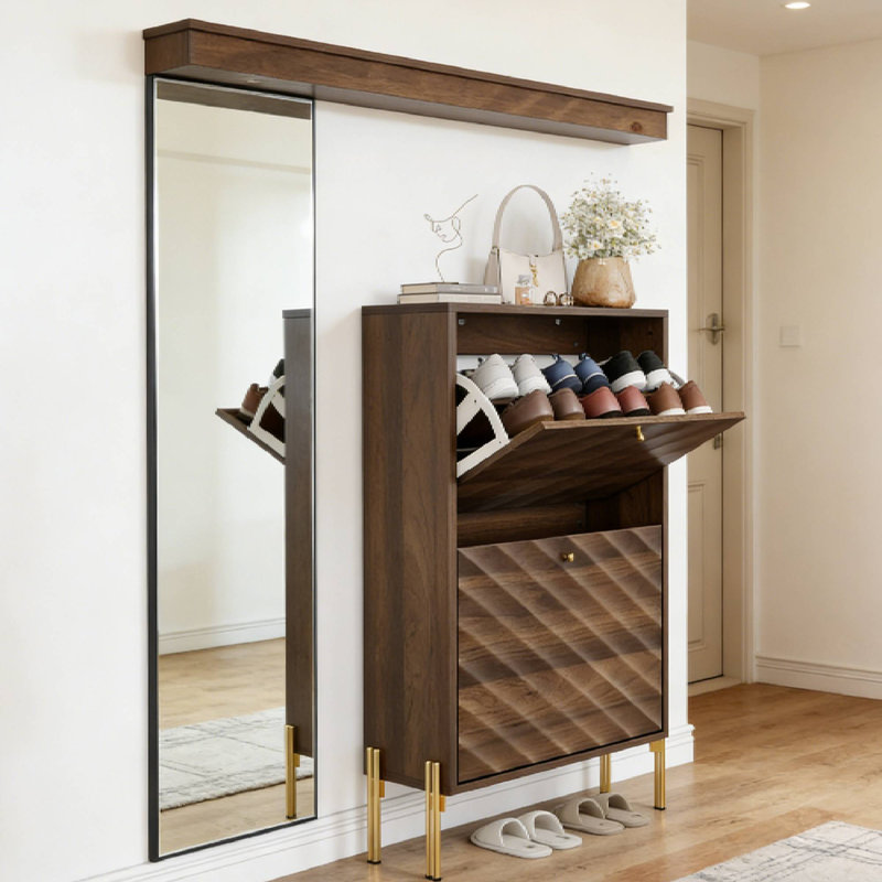 Elegant 23.6 Inch Freestanding Shoe Cabinet, Mid-Century Modern Walnut Metal Legs For Entryway Foyer Mudroom Home Hall