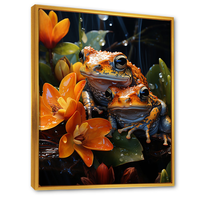 «Orange Frogs on Glass Effect», reproduction sur toile, Cadre flottant doré, H 44 po x l 34 po x P 1,5 po