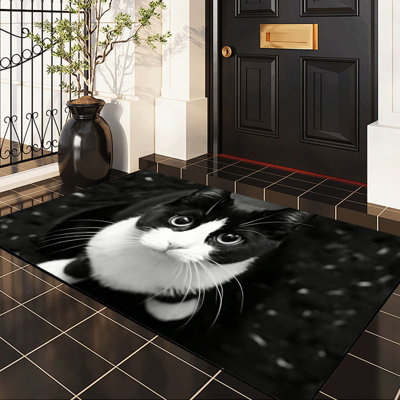  Non-Slip Indoor Outdoor Door Mat, Black White Tuxedo Cat, 24"x36"