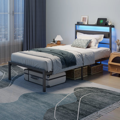 Bed Frame with LED Light and Charging Station, Metal Frame with Upholstered Headboard, Large Storage Space, No Box Spring Needed by Wrought Studio