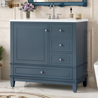 36" Bathroom Vanity With Ceramic Sink, MDF & Solid Wood Base, 3 Drawers & Cabinet With Shelves, Blue Gray Painted Finish, Freestanding Vanity Cabinet With 4-Inch Faucet Holes