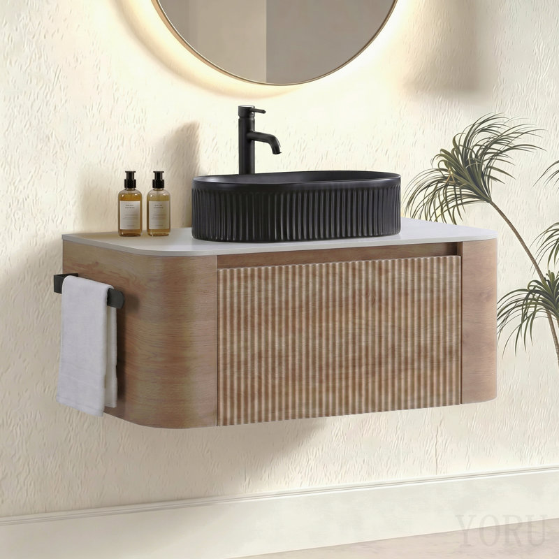 Meuble-lavabo de 36 pouces avec lavabo, armoire murale en chêne miel avec porte-serviettes gratuit, conception de lavabo simple en céramique rayée ovale noire, sans drain et robinet, pré-assemblé