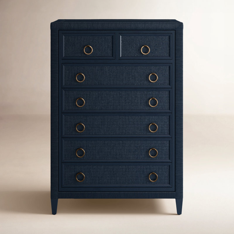 Warwick 7-Drawer Solid Wood and Wicker Vertical Chest, Stone Hearth, Satin Brass