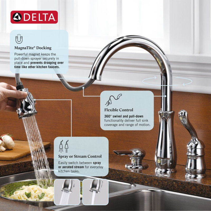 Robinet de cuisine en nickel brossé avec douchette extractible Leland, robinet de cuisine traditionnel monotrou, Leland