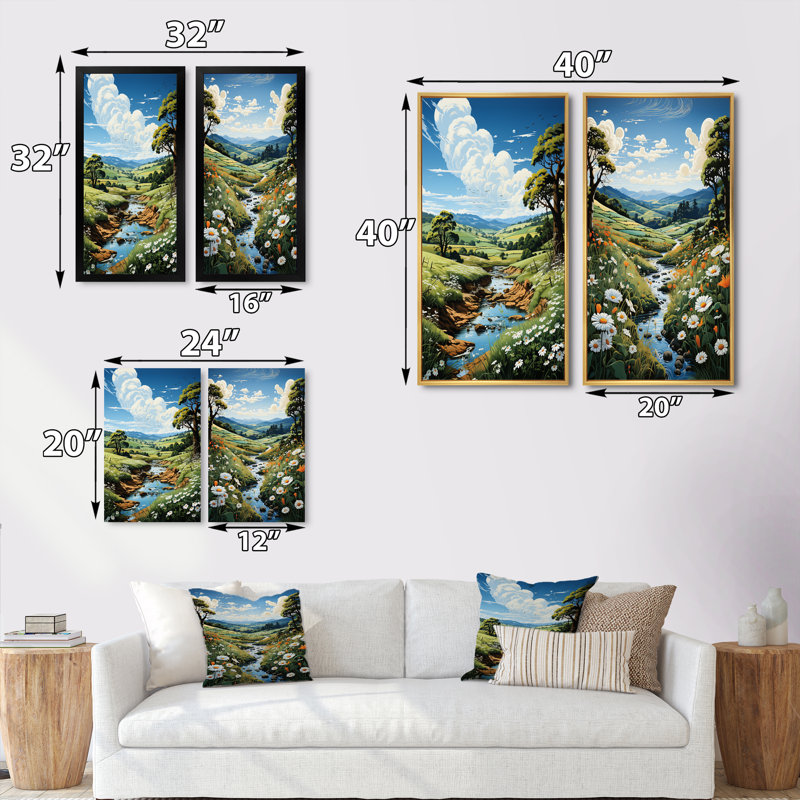 «Countryside River Bend», 2 pièces sur toile, H 32 po x l 32 po, Toile tendue