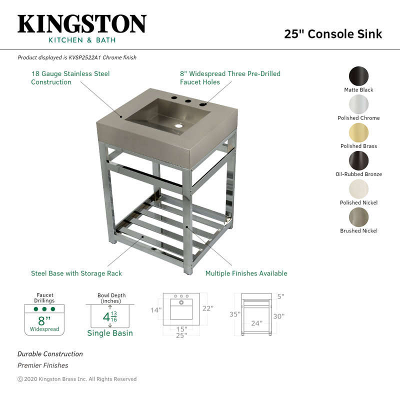 Kingston Brass Kingston Commercial 25-Inch Stainless Steel Console Sink with Steel Base (8-Inch, 3-Hole), Matte Black