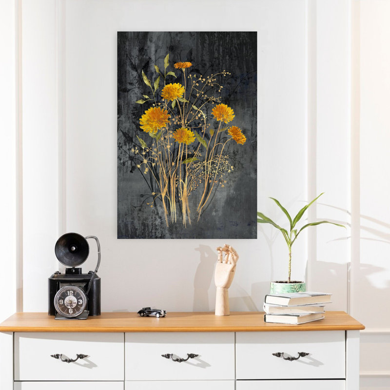 «Fields of Gold I», art floral élégant et rustique abstrait, H 24 po x l 16 po