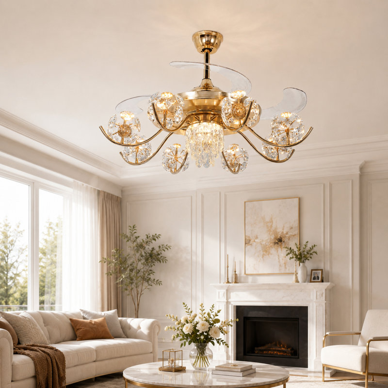 Ventilateur de plafond 42 "rétractable en cristal avec lumières, fandelier doré, télécommande, 6 vitesses, 3 températures de couleur