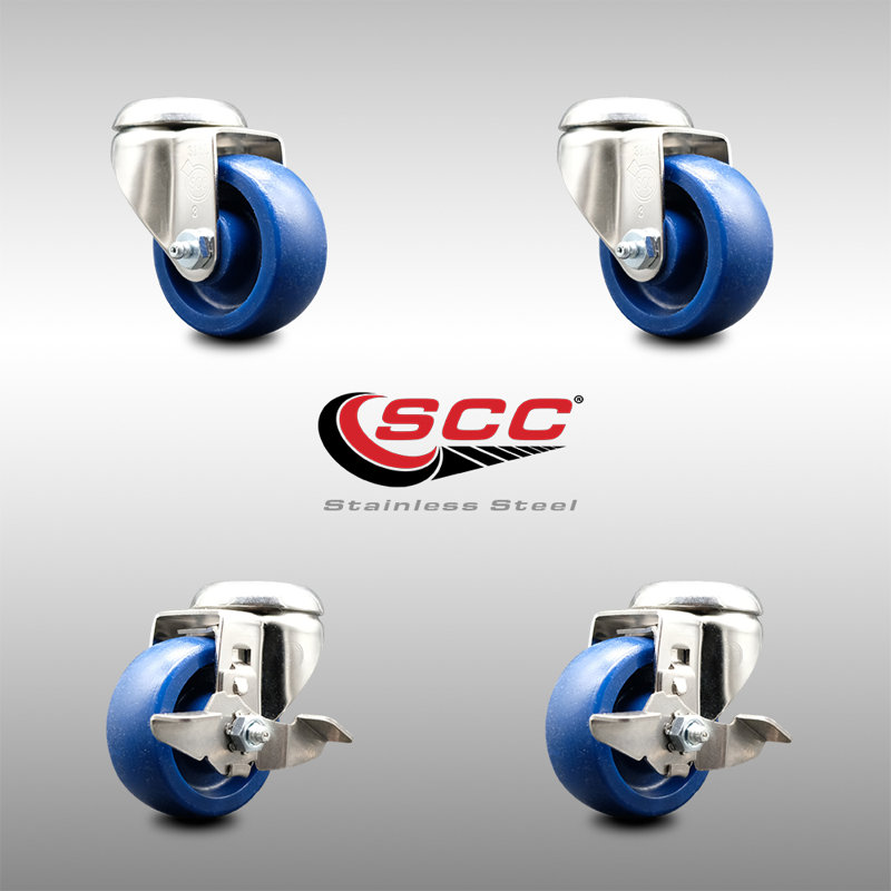 316SS Solid Polyurethane Wheel Swivel Bolt Hole Caster Set 2 Brakes SCC