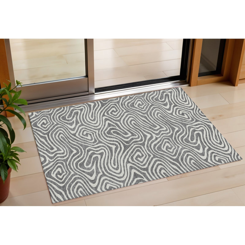 3' X 5' Gray And Ivory Abstract Washable Indoor Outdoor Area Rug