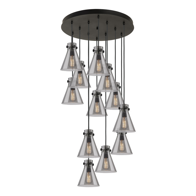 Luminaire suspendu 12 lumières Amrith, Gris fumée clair, Noir mat
