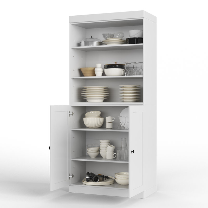 Armoire de cuisine 100% en bois massif, grand rangement modulaire autoportant avec tablettes ouvertes et portes Shaker, tablettes réglables, l 32 po x H 71,5 po