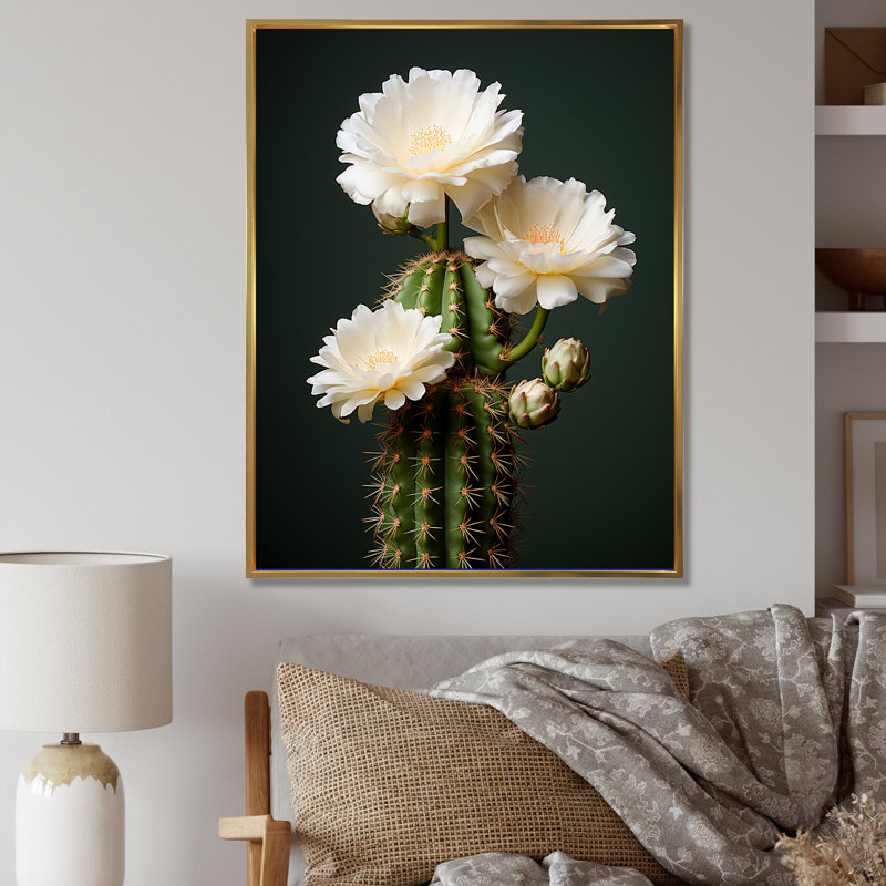 Cactus ivoire isolé sur toile, Cadre flottant doré, H 32 po x l 24 po x P 1 po