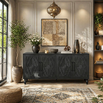 Carved Flower Door Large Storage Cabinet With Metal Handle Suitable For Living Room