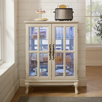 Armoire de rangement en verre avec pieds Cabriole et 2 tablettes réglables - Buffet à porte grillagée avec loquet magnétique pour salle à manger, salon, chambre à coucher