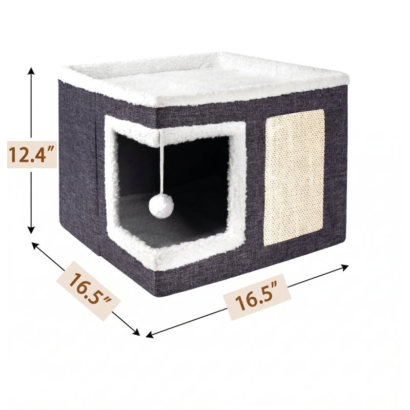 Grand lit pour chat intérieur avec grattoir et boule pelucheuse, cachette pliable pour chat, coussin réversible pour plusieurs petits animaux de compagnie, gris foncé