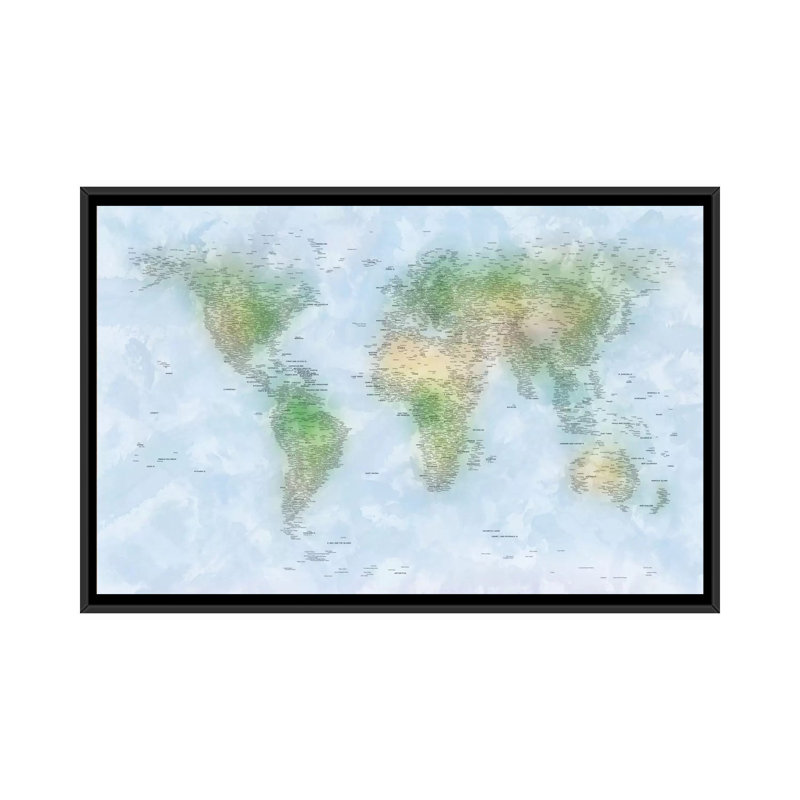 "carte du monde vi" par michael tompsett, impression sur toile, H 18 po x l 26 po x P 1,5 po, Toile avec cadre noir