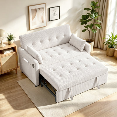 53"Sofa Bed, 3-in-1 Loveseat Sleeper Sofa with Pull Out Bed, Pockets and USB, Modern 2 Seater Convertible Small Couch for Living Room Bedroom Apartment,Corduroy Comfy Couches,Beige