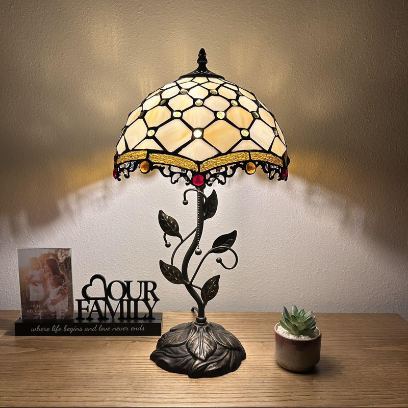 Haydee Tiffany Table Lamp Beige Stained Glass Crystal Beans Iron Metal Leaves Bronze Base LED Bulb , 22" H x 12" W x 12" D
