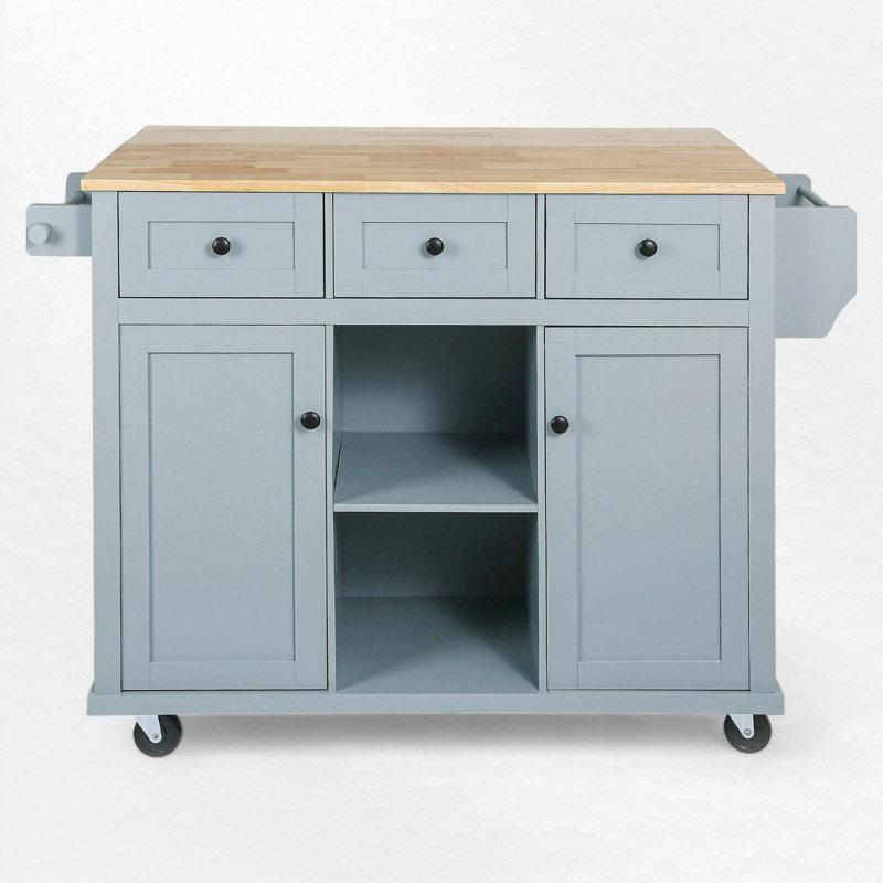 Wide Rolling Kitchen Island With Solid Wood Top,island,coffee cart, Blue