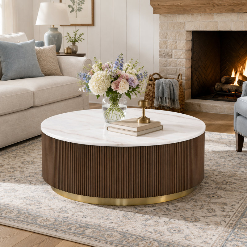 Table basse ronde de 35 po, table basse tambour en marbre véritable avec base en bois d'ingénierie cannelée et garniture en acier inoxydable de ton doré, table de salon contemporaine