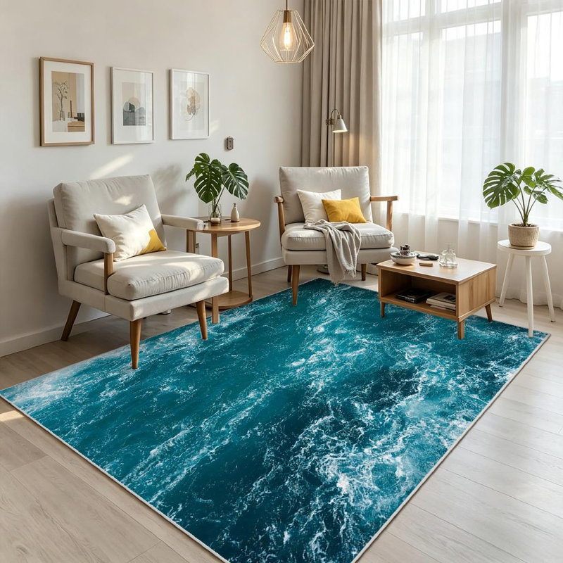 Tapis bleu abstrait lavable à la machine, vagues de la mer Méditerranée, Rectangle 79" x 118"