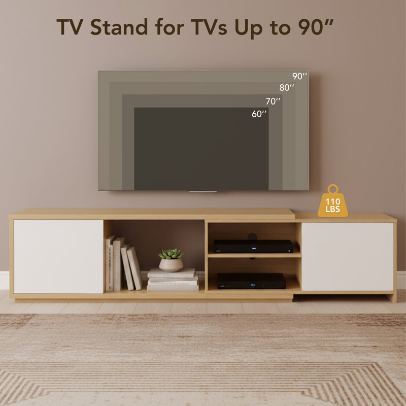 Modern Extendable TV Stand with Adjustable shelves and Open Storage for  TVs up to 90", Oak