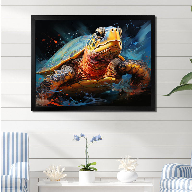 Représentation d'un voyage aquatique avec des tortues, Cadre simple noir, H 16 po x l 32 po x P 1 po