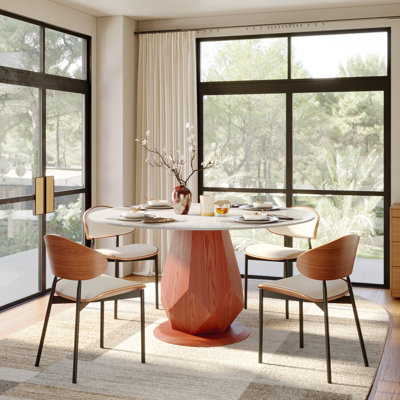 5Pcs Modern Geometric Round Dining Table Set With Elegant Elegant Upholstered Chairs
