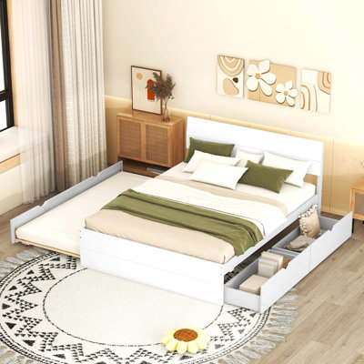 Modern Full Bed Frame With Twin Size Trundle And 2 Drawers For White High Gloss And Washed White Colour