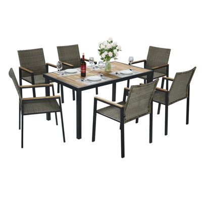 Ensemble de table de salle à manger toutes saisons 7 pièces, ensemble de conversation pour patio avec trou pour parasol, rotin extérieur, couleur brun gris
