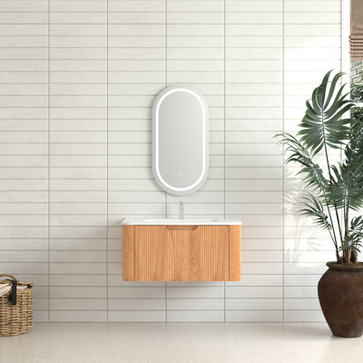 Armoire de salle de bain flottante 30 po avec vasque en céramique blanche, bois de noyer massif, style à bord courbé, tiroir pré-assemblé à fermeture en douceur, style américain