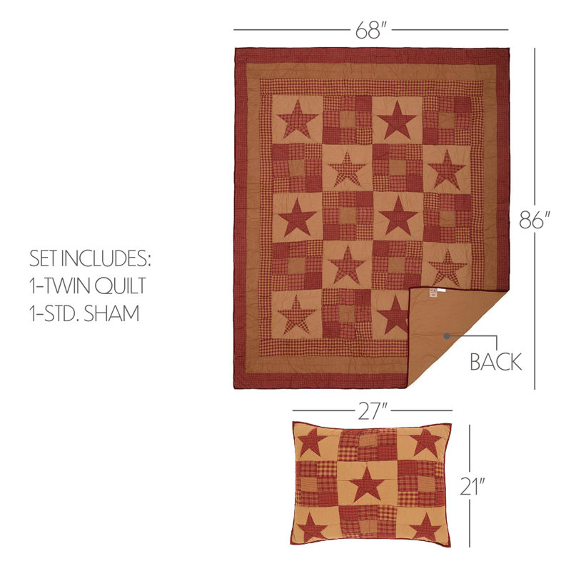 Ninepatch Star Cotton Patchwork Quilt, Twin Quilt + 1 Sham