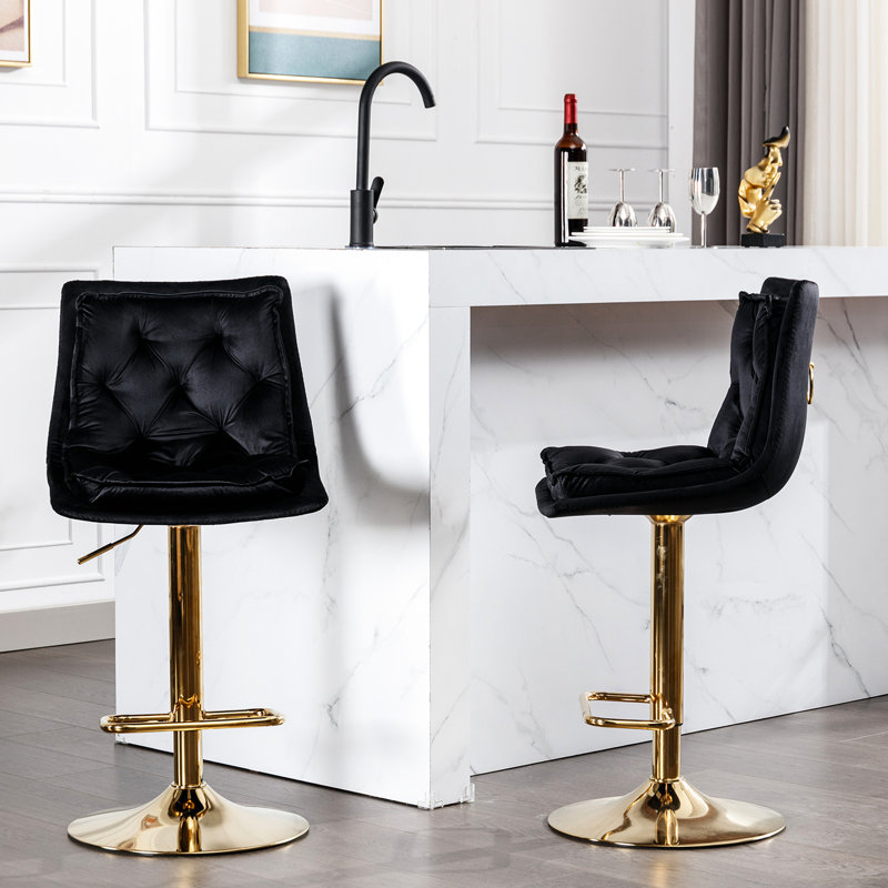 De 2 tabourets de bar en velours noir, avec base et repose-pieds, mécanisme de hauteur réglable pour un siège détendu pivotant mécaniquement optimal