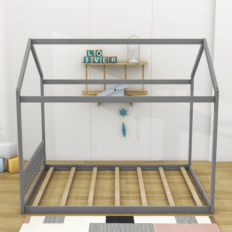Grand lit plateforme en bois avec tête de lit Aamaya, gris