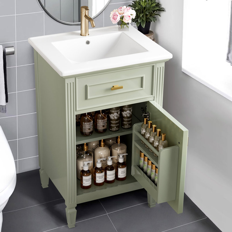 20" Bathroom Vanity With Sink, Solid Wood Legs,tilt-out Drawer,freestanding Cabinet For Small Bathroom, Green