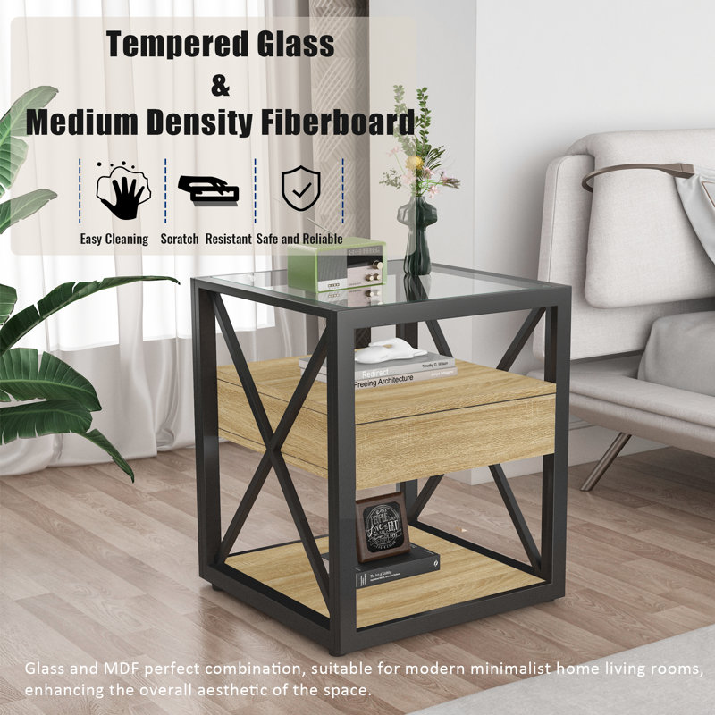 Table de bout moderne 1 pièce avec tiroir - Table de chevet pour chambre à coucher et salon, panneau de fibres à densité moyenne en bois naturel et plateau en verre trempé, table d'appoint de style industriel