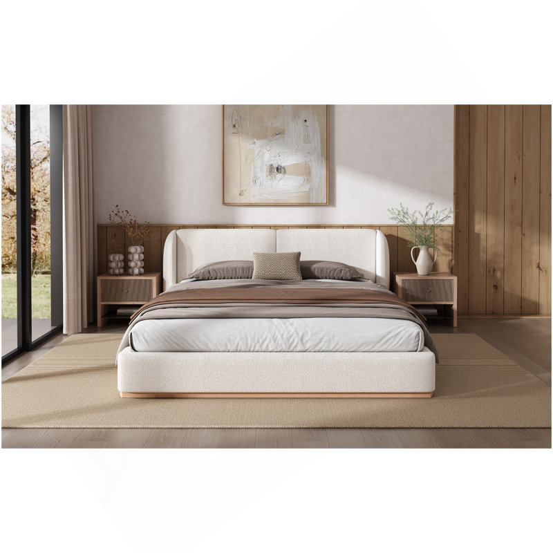 Queen-Size White Bed Frame With Boucle Upholstered Wingback Headboard & Solid Wood Base, Queen