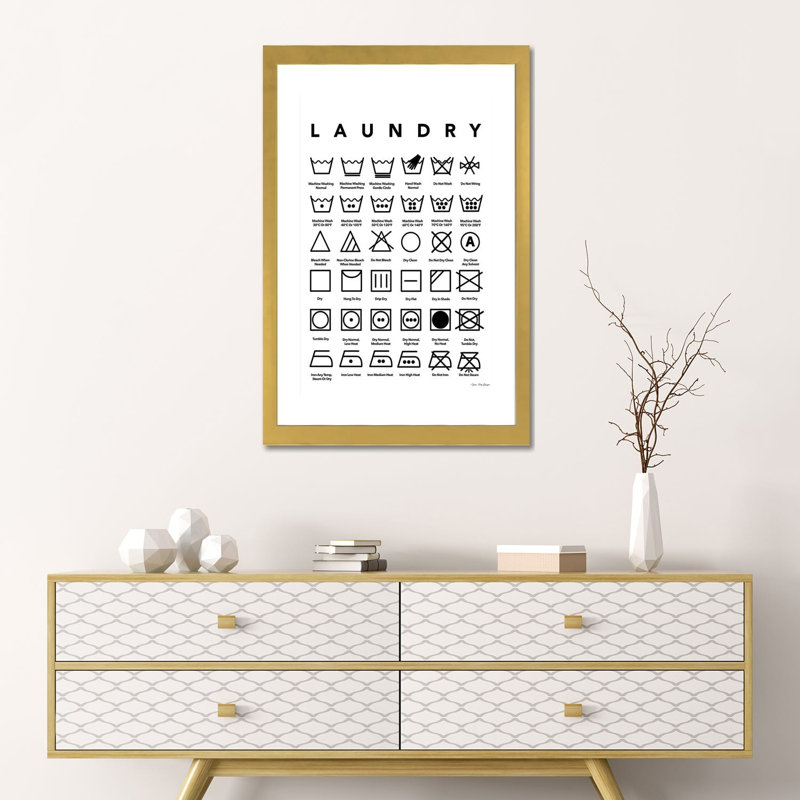 «Laundry Symbols» par Seven Trees Design - impression d'art textuel, 24" H x 16" W x1" D, Blanc, Gold Paper