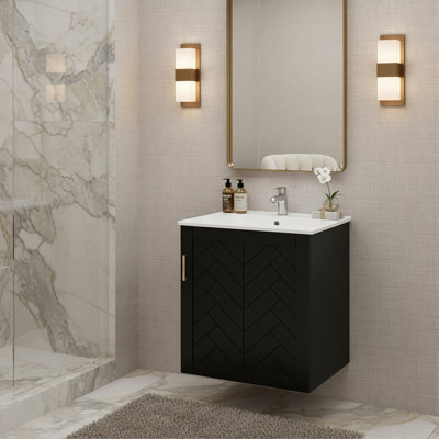 20" Modern Wall-Mounted Vanity With Ceramic Sink, Floating Cabinet With Side Shelves, Solid Wood Frame (White/Black)