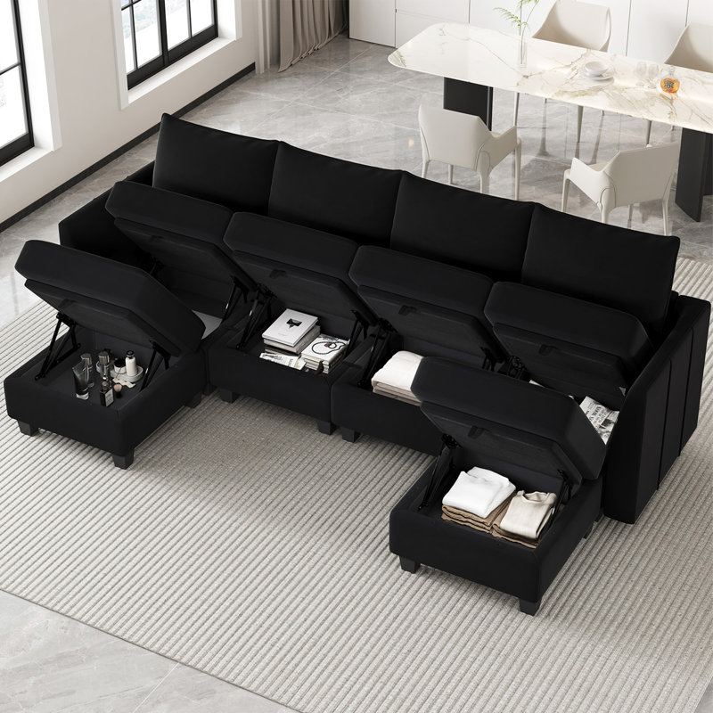 Allinson Velvet U Shaped 4-Seat Modular Sofa Freely Combined Storage Sofa Solid Wood Living room Sectional Sofa with Ottoman