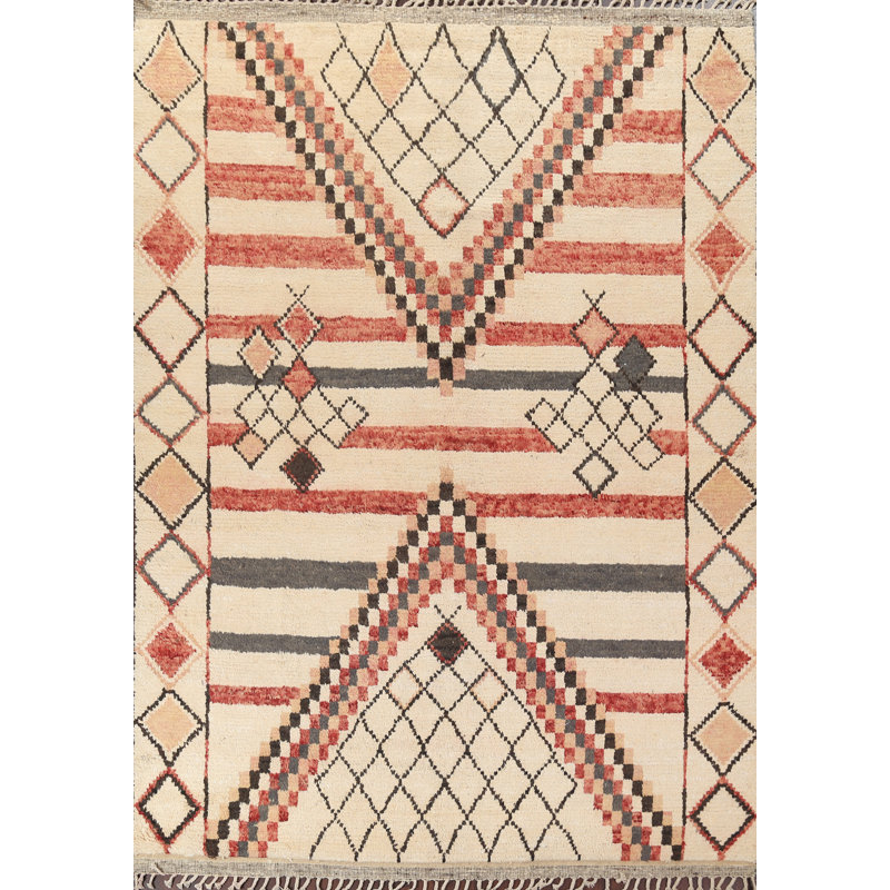 Tapis beige en laine noué à la main de conception unique 8 pi 0 po x 10 pi 9 po marocain