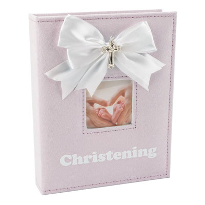 Faux-Silk Bow and Plated Cross Christening Photo Album